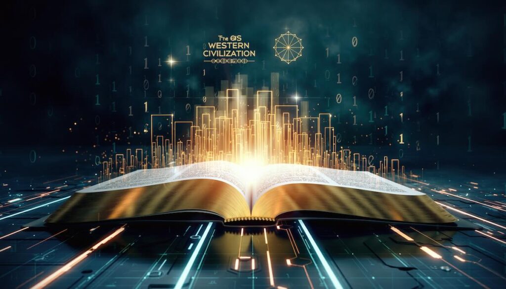 西洋文明のOSとしての聖書のイメージイラスト。未来的なデジタルデスクの上に開かれた古く光る聖書。ページからホログラムのバイナリコードや幾何学構造（法、論理、芸術）が立ち上がり、西洋の都市スカイラインを形成している様子。