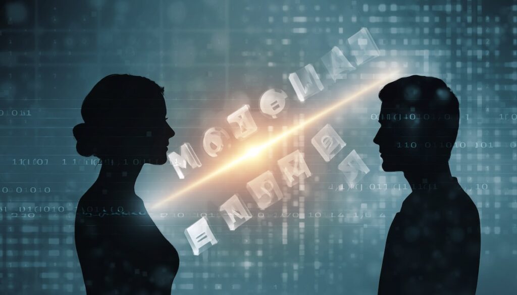 雑談のプロトコルのイメージイラスト。向かい合う二人の人物の間で、シンプルな図形（言葉）が繋がり、光る橋（信頼）を形成している様子。温かみのある安心感を表現。