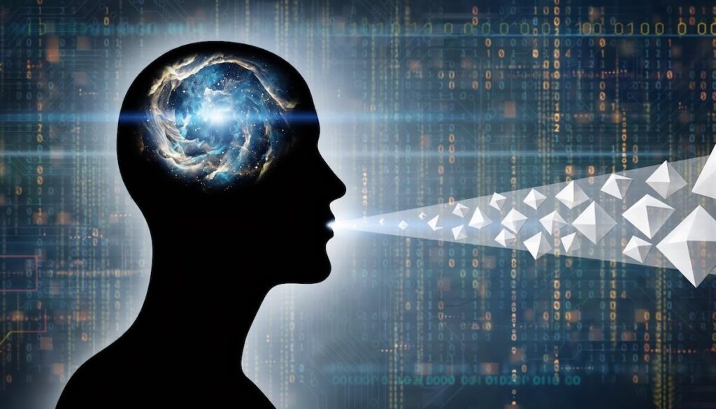 言語化技術のイメージイラスト。人間の頭の中で混沌とした思考の星雲が渦巻いているが、口からは整理された幾何学的な光のビーム（明確な言葉）が発射されている様子。思考の構造化を表現。