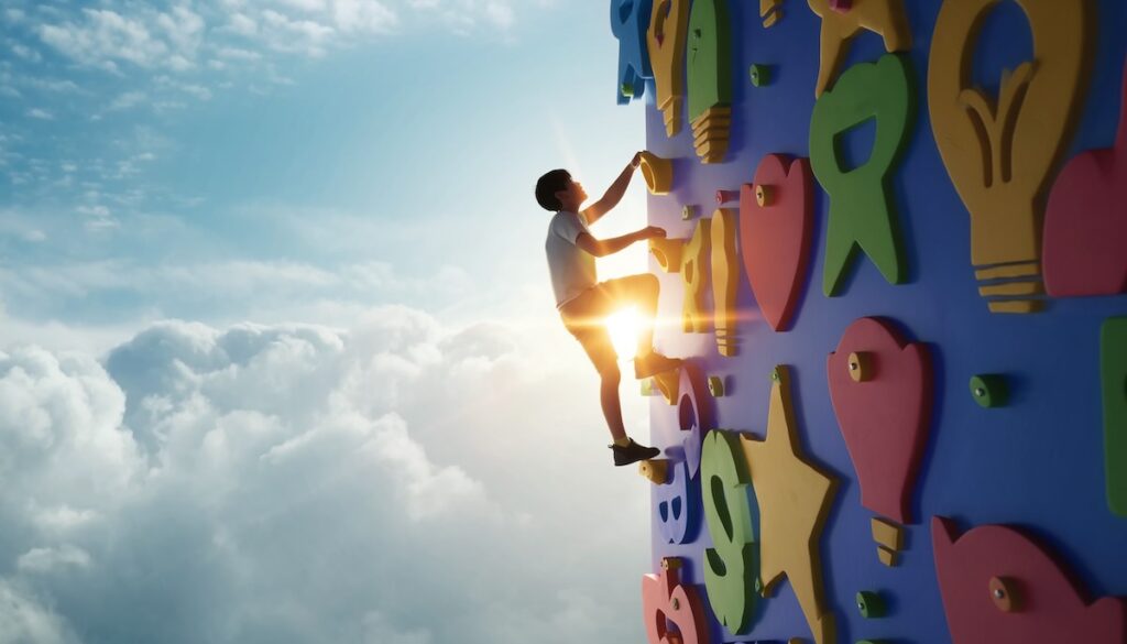 偏差値ではなくやり抜く力や自制心といった非認知能力を育み困難を乗り越える子どもを象徴するクライミングのイメージ画像