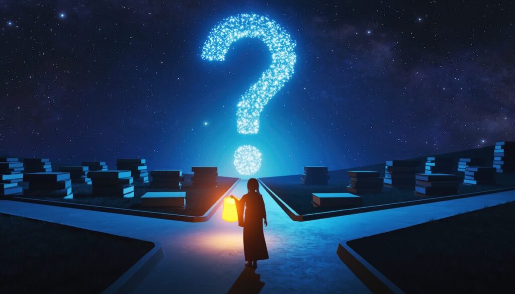 10代の若者が正解のない問いに向き合い自らの思考力で人生の道を切り拓く様子を象徴するランタンと夜空のイメージ画像