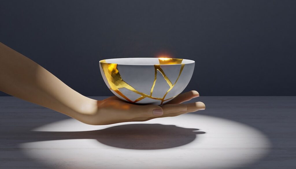 失敗やミスを誠実な謝罪と対応で修復し以前よりも強固な信頼関係を築くことを象徴する金継ぎのイメージ画像