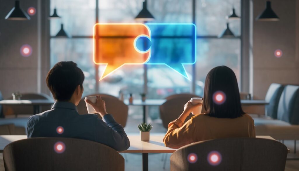 気まずい沈黙をなくし自然な雑談で信頼関係を築くコミュニケーションスキルを象徴する会話のイメージ画像