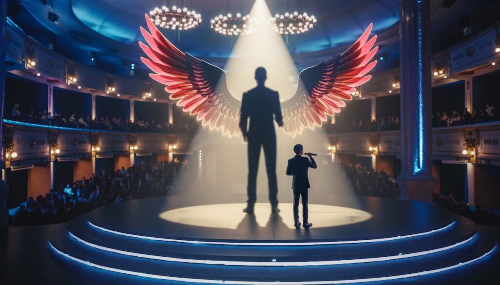 【緊張のハッキング】あがり症は「仕様」だ。脳の防衛本能を利用して、プレゼンを成功させる必読書 5選 あがり症を克服し自信を持って人前でスピーチやプレゼンを行う様子を象徴するスポットライトとステージのイメージ画像