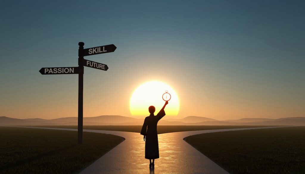 キャリアの岐路に立ち自分の軸と羅針盤を持って未来への道を選択する様子を象徴する道標とコンパスのイメージ画像