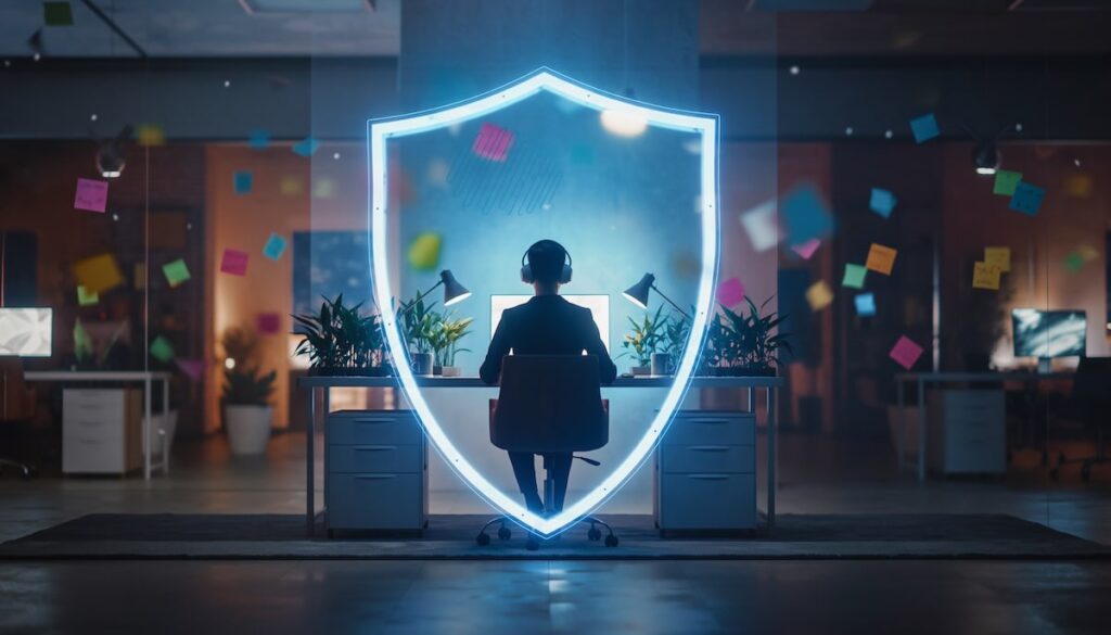 HSPや繊細な人がノイズを遮断し自分のペースを守りながら快適に働く様子を象徴するシールドとヘッドホンのイメージ画像