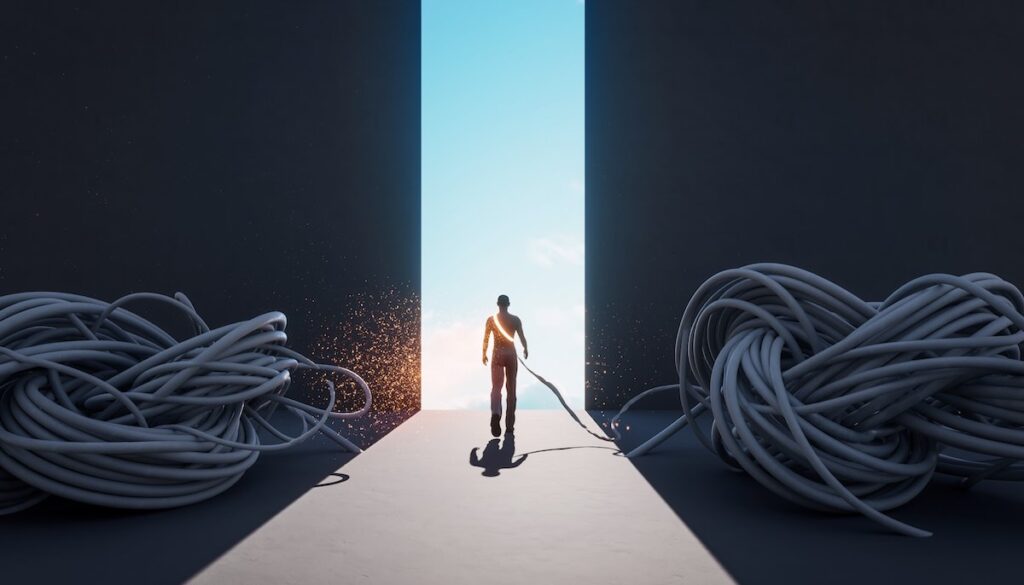 【人間関係のデバッグ】「人脈」は負債になりうる。不要な接続を断ち、市場価値を上げる「孤独」の戦略書 5選 複雑な人間関係のしがらみから離れて自分らしい人生を歩み始める断捨離と自立を象徴する解放的なイメージ画像