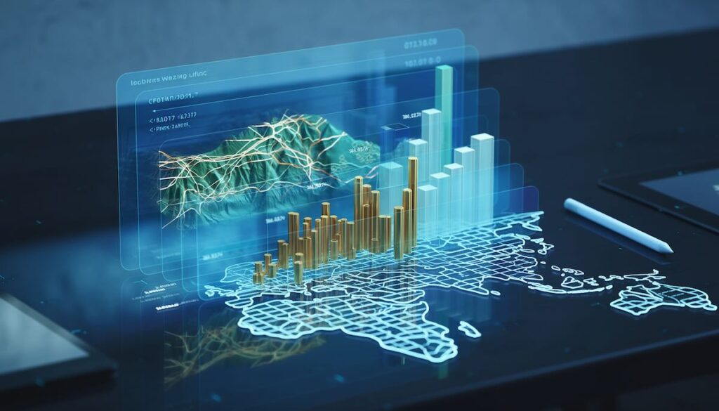 【スマートシティ】地図を描くな、未来を描け。都市のOSを再設計する「GIS・空間分析」必読書 5選 GIS(地理情報システム)によるデータ可視化のイメージイラスト。デジタル地図の上に、地形、道路、人口統計などのデータがレイヤー状に重なり、都市の構造が立体的に分析されている様子。