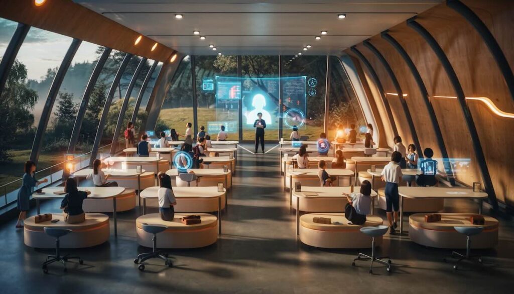 未来の教育のイメージイラスト。画一的な教室ではなく、子どもたちがAIチューターと学んだり、グループワークをしたり、個別に最適化された学びを行っている様子。先生は指揮者のように全体を見守っている。