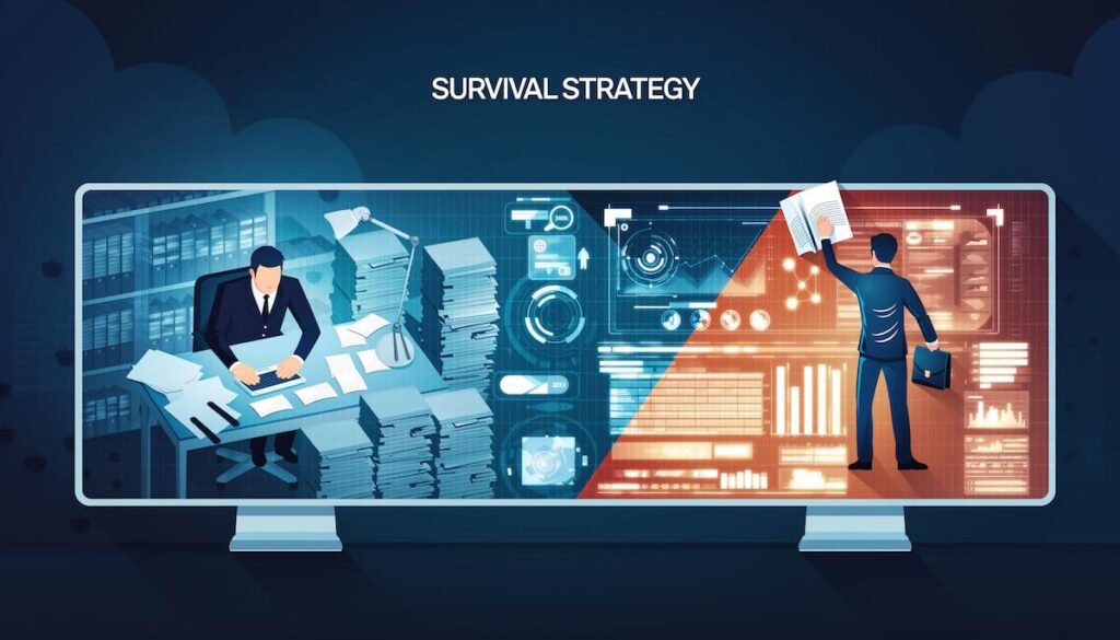 【2026年版】「気合い」で働く時代は終わった。AIと共存し、長く成果を出し続けるための「生存戦略」必読書 5選 2026年のビジネス生存戦略のイメージ。疲弊した古い働き方から、AIとスキルを活用したスマートな働き方への転換を描いた比較イラスト。