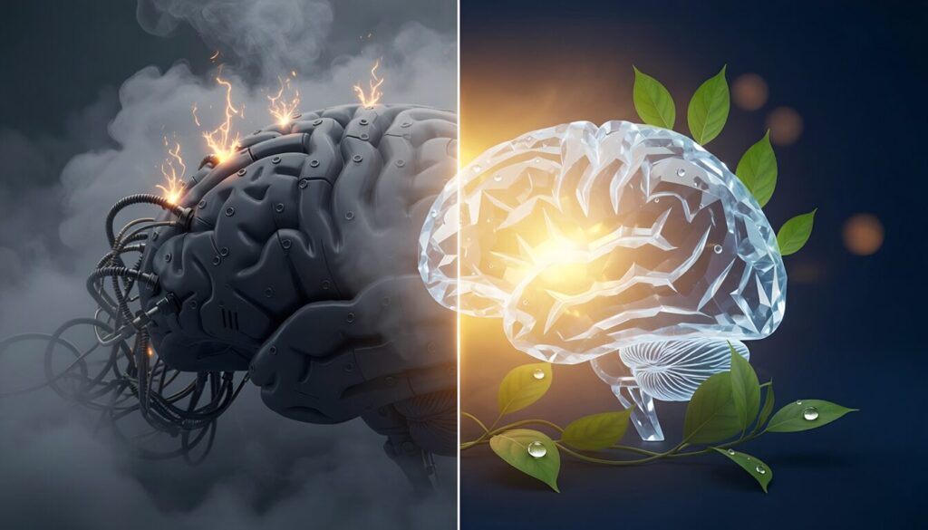 情報過多でオーバーヒートした脳が科学的なメンテナンスによって修復・再起動されるブレインフォグ回復を象徴するイメージ画像